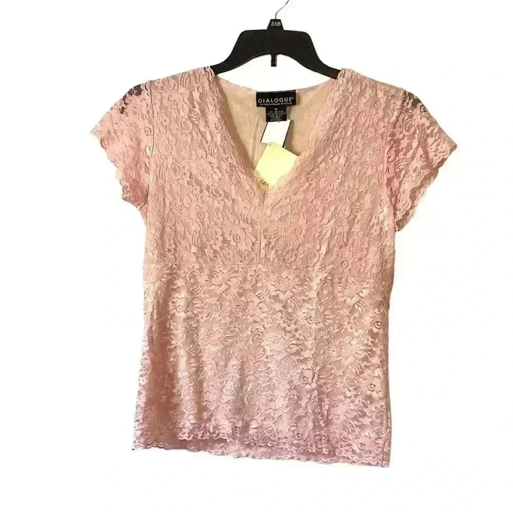 Dialogue Shirt Womens  Pink Lace Overlay Babydoll Stretch Feminine Size Medium